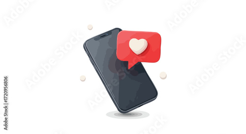 3D rendering of a smartphone with a heart notification, symbolizing social media engagement and positive feedback.