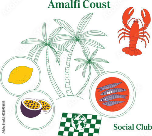 Vibrant tropical illustration with palm trees, fresh fruits, seafood, and a globe emblem