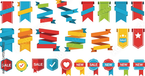 Vibrant collection of banners, ribbons and badges for sale and new promotions