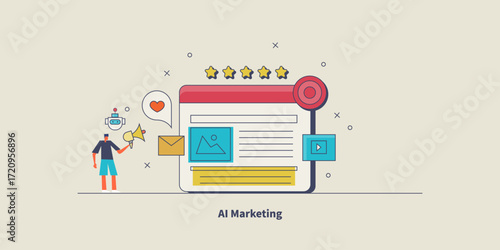 AI marketing automation connects visual content, email communication and social media interaction, businessman with megaphone engages with chatbot. 
