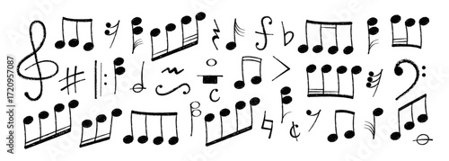 Crayon pastel or chalk music note signs doodle hand drawn symbol shapes set. Chalkboard textured musical symbols treble, bass clefs, pauses doodle collection.