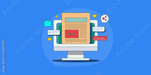 Web blog appears on screen with interactive option to comment, share and subscribe. Multiple heart symbols highlights active user engagement.