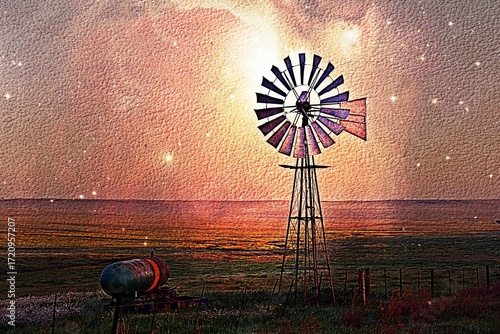 Landscape with a Waterpump Windmill in morning light mixed media