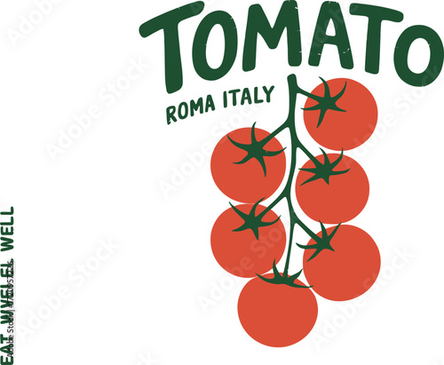 Vibrant bunch of ripe tomatoes with 'Tomato Roma Italy' text