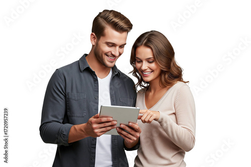 Smilling young couple holding a tablet and touching screen isolated on white