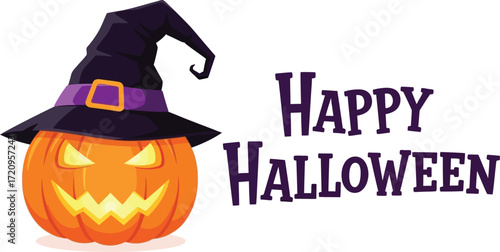 Halloween Spooky jack-o'-lantern with witch hat wishes Happy Halloween