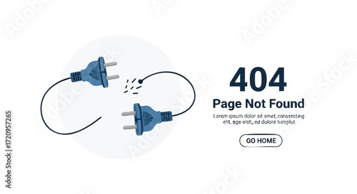 Error 404 page not found with unplugged electrical plugs and digital disconnect concept, website connection problem