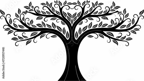 Elegant black and white tree illustration with intricate leaf detail, perfect for nature-inspired designs and peaceful, organic branding with a vintage feel