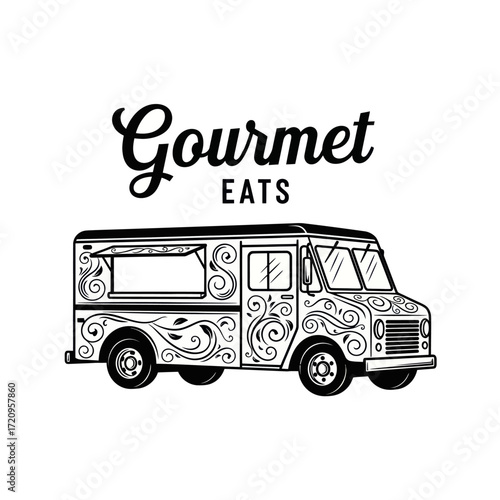 Black and white illustration of a vintage gourmet food truck with ornate scrollwork and 'Gourmet EATS' text, representing mobile culinary service.