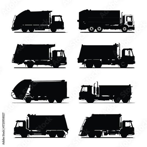 Collection of garbage truck silhouettes in black and white