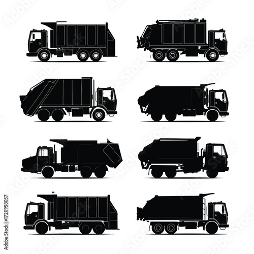 Black and white garbage truck silhouettes collection