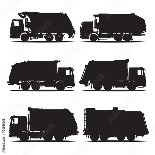 Collection of black and white garbage truck silhouettes