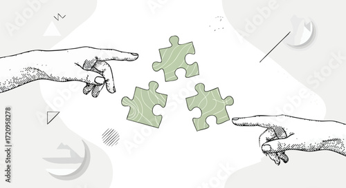 Two hands reaching out to connect puzzle pieces, symbolizing collaboration and problem-solving.