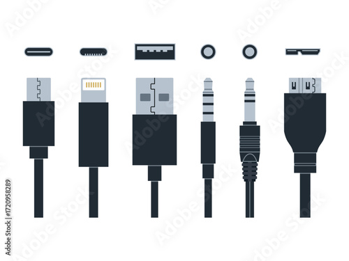 Vector set of Types of electronic Ports and connectors. USB-A, USB-C, Micro USB, HDMI, DisplayPort, VGA. Power outlets, Charging plugs and sockets, power cables. Flat vector illustrations.