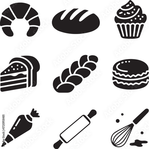 Set of nine detailed bakery and pastry icons with transparent background collection