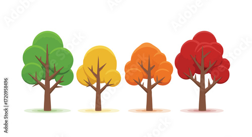Illustration of four stylized trees with different colored foliage, representing the changing seasons.