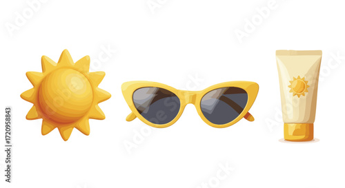 Summer essentials: a bright yellow sun icon, stylish cat-eye sunglasses, and a tube of sunscreen for sun protection.
