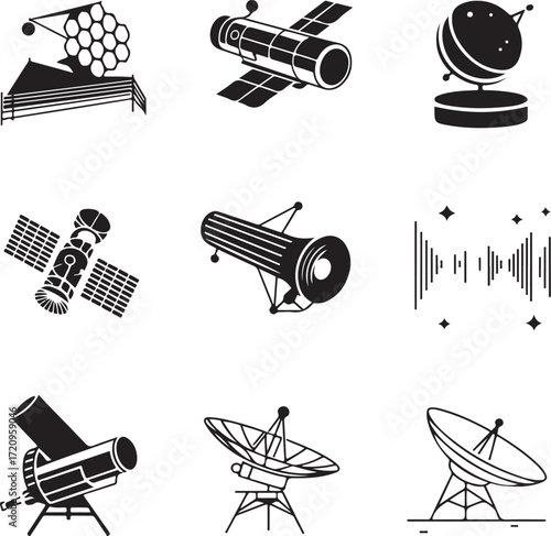 Nine detailed space telescopes on a white background observatory astronomy