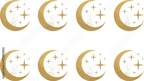 Golden crescent moons and sparkling stars create a magical celestial pattern