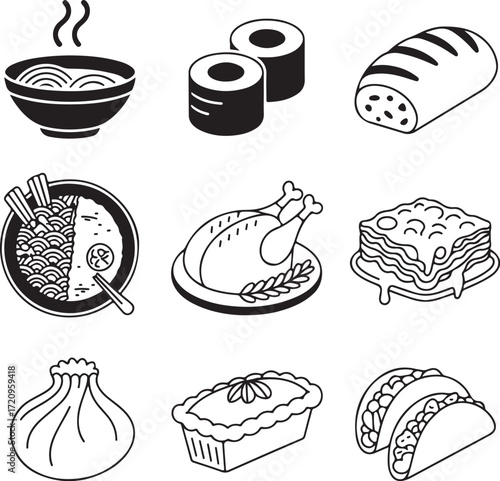 Nine Detailed Traditional Dishes Silhouette on White Background plate bowl