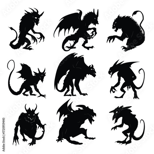 Collection of black and white gargoyle silhouettes
