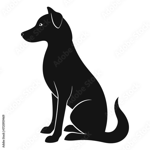 Silhouette of a sitting dog with pointy ears and a curled tail facing left on a white background image | svg ,png & jpeg