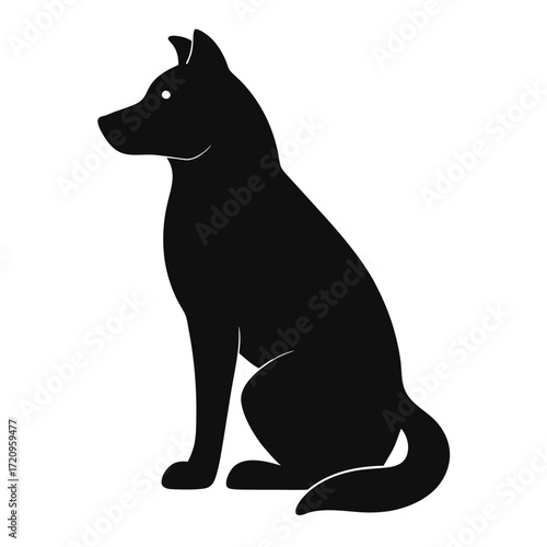 Silhouette of a black dog sitting with its tail curled and ears perked up looking to the left side | svg ,png & jpeg
