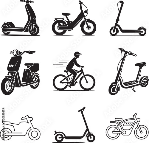 Nine Detailed Electric Scooters Silhouette on White Background transportation vehicle