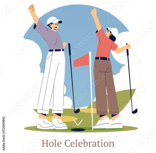 Golfers Celebrate Hole Victory Vector Illustration