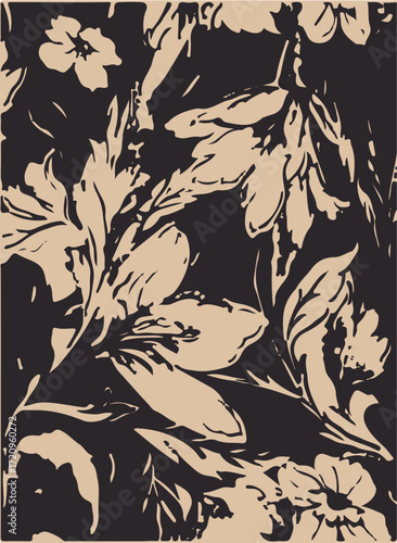Big flower,Seamless watercolor floral pattern, flowers elements, green leaves branches on dark black background; for wrappers, wallpapers, postcards, greeting 