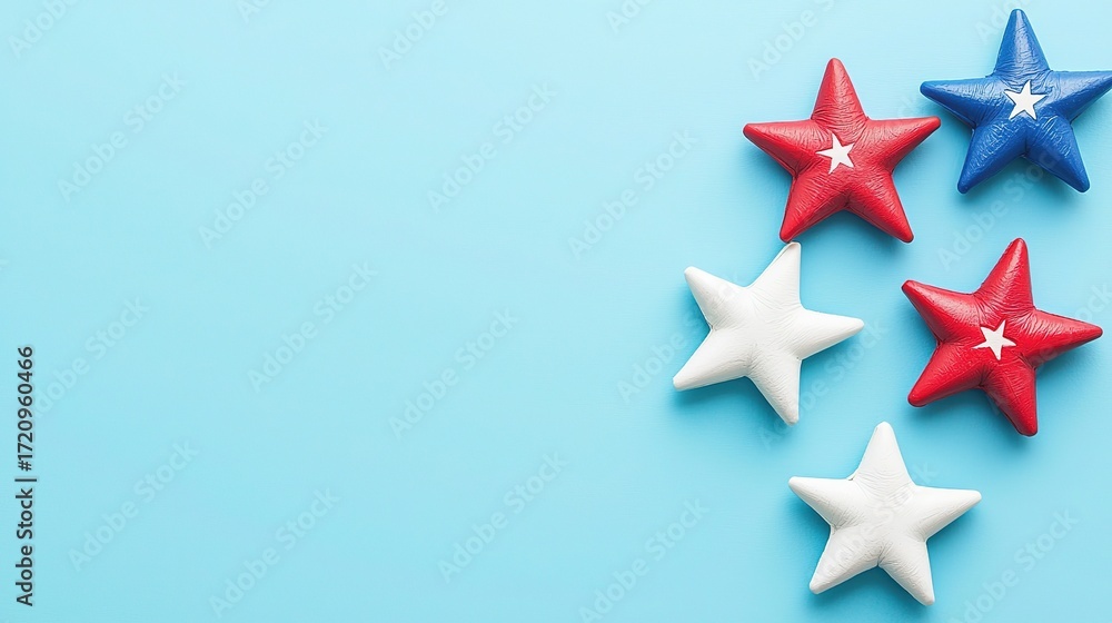 Obraz premium Red, white, and blue stars on light blue background with space for text, USA Independence Day concept 