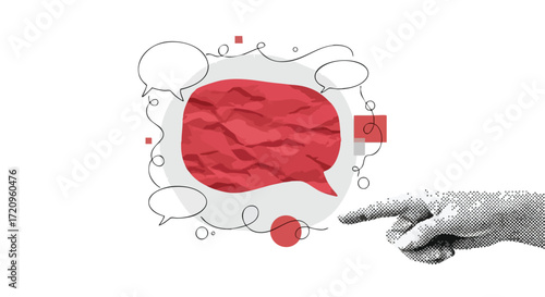 Illustration of a hand pointing towards a red speech bubble, surrounded by other speech bubbles.