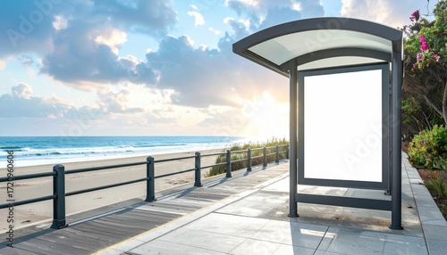Coastal Bus Stop Billboard Mockup: Beachfront Advertising Space