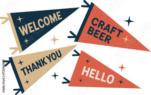 Decorative pennant flags with messages like "Welcome", "Craft Beer", "Hello", and "Thank You" create a festive atmosphere.