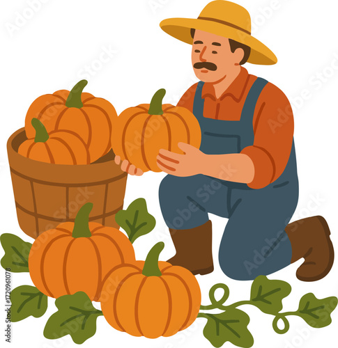 Farmer Harvesting Pumpkins Illustration vector flat design isolated