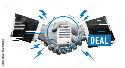 Two hands shaking on a contract with lightning bolts and the word 'DEAL', symbolizing a business agreement or transaction.