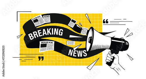Breaking news announcement with megaphone and newspaper headlines on yellow grid background.