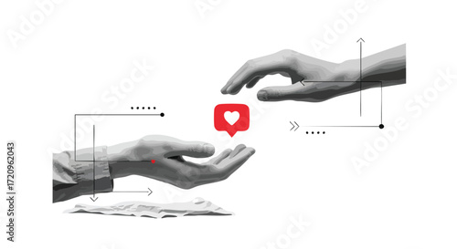 Two hands interacting with a heart-shaped like icon, symbolizing social media engagement.