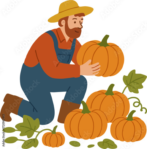 Farmer Harvesting Pumpkins Illustration vector flat design isolated