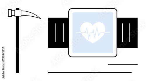 Smartwatch with heart and pulse icon beside scythe combining advanced health tracking and mortality symbolism. Ideal for health, mortality, technology, balance, progress, awareness, life. Simple flat