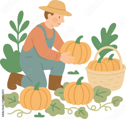 Farmer Harvesting Pumpkins Illustration vector flat design isolated