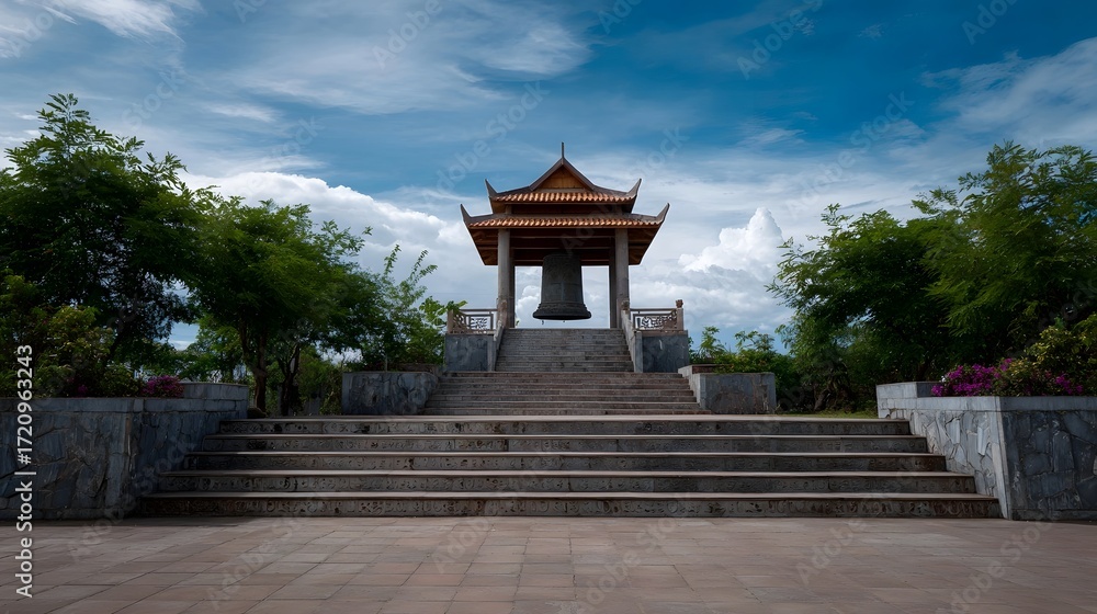Obraz premium A grand Buddhist bell pavilion stands atop a stone staircase under a bright cloudy blue sky