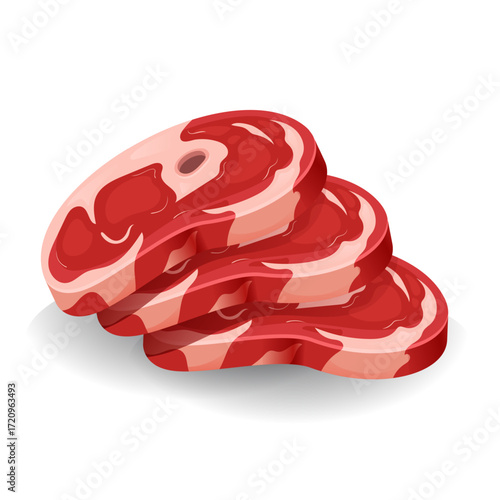 Raw Beef Steak Slices Illustration Isolated on White Background. Fresh Red Meat Vector for Cooking, Restaurant, and Food Packaging