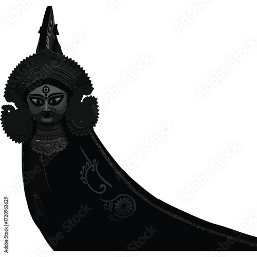 A dark sculpture of a deity with ornate headdress and elongated form against a stark white background space silhouette