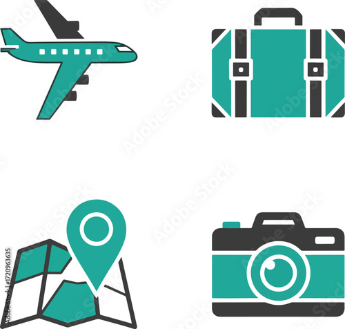 Airplane, suitcase, map pin, and camera representing travel planning and adventure on a white backdrop, evoking a sense of wanderlust and excitement.