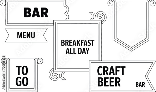 Collection of decorative frames and banners for cafe and bar signage, announcing menu, breakfast, and craft beer.