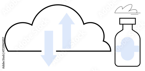 Cloud with up and down arrows and a medicine bottle representing data sharing in healthcare. Ideal for technology, health, data transfer, telemedicine, innovation, cloud storage, simple flat metaphor