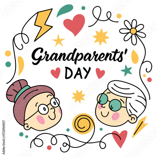 Celebrate Grandparents' Day with this adorable illustration of happy grandparents surrounded by hearts, stars, and cheerful doodle elements