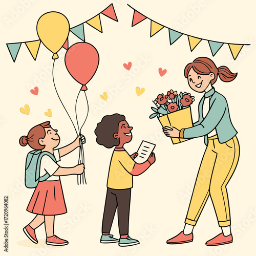 Students celebrate teacher appreciation with gifts and gratitude, balloons and flowers, a heartwarming classroom moment, showing kindness and respect