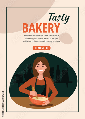 A young woman in an apron is mixing baking dough with a spoon. Bakery products